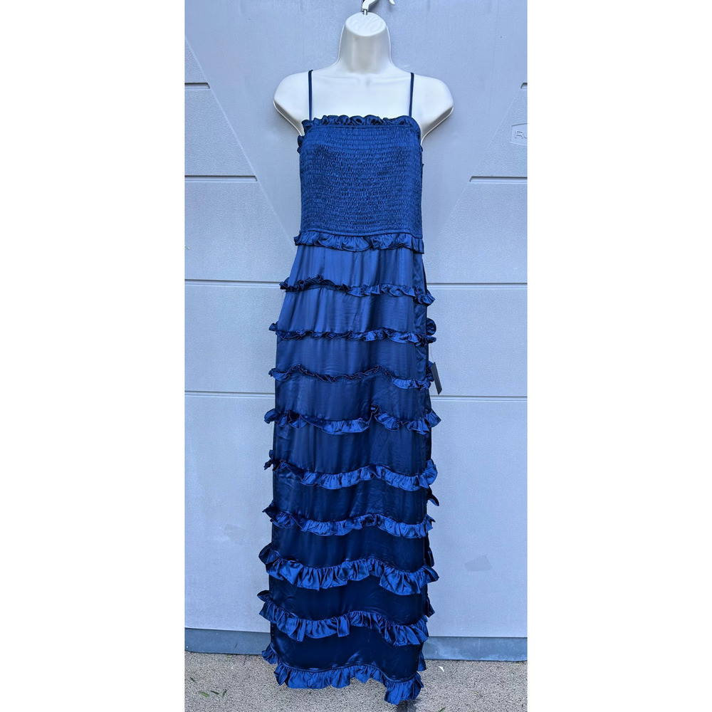 NWT Lulus Blue Satin Tiered Ruffle Smocked Maxi Dress Sz L Romantic Party Prom - Picture 2 of 14